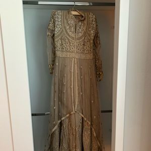 Embroidered Net Abaya Style Suit in Fawn